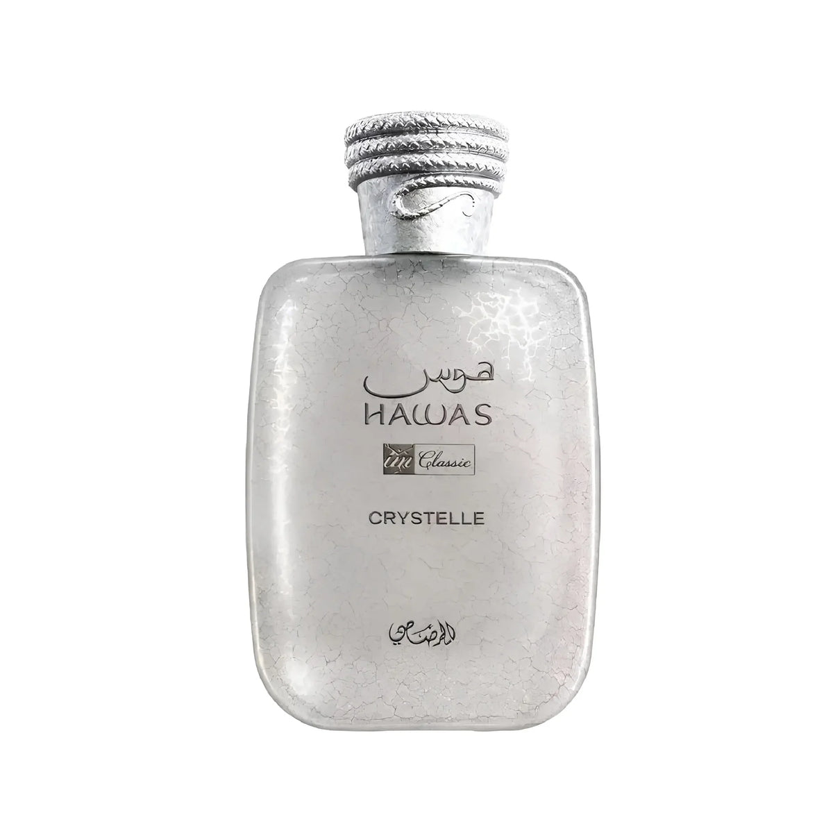 Rasasi Hawas Crystelle 100ml perfume bottle with a textured white glass finish and a decorative silver cap.