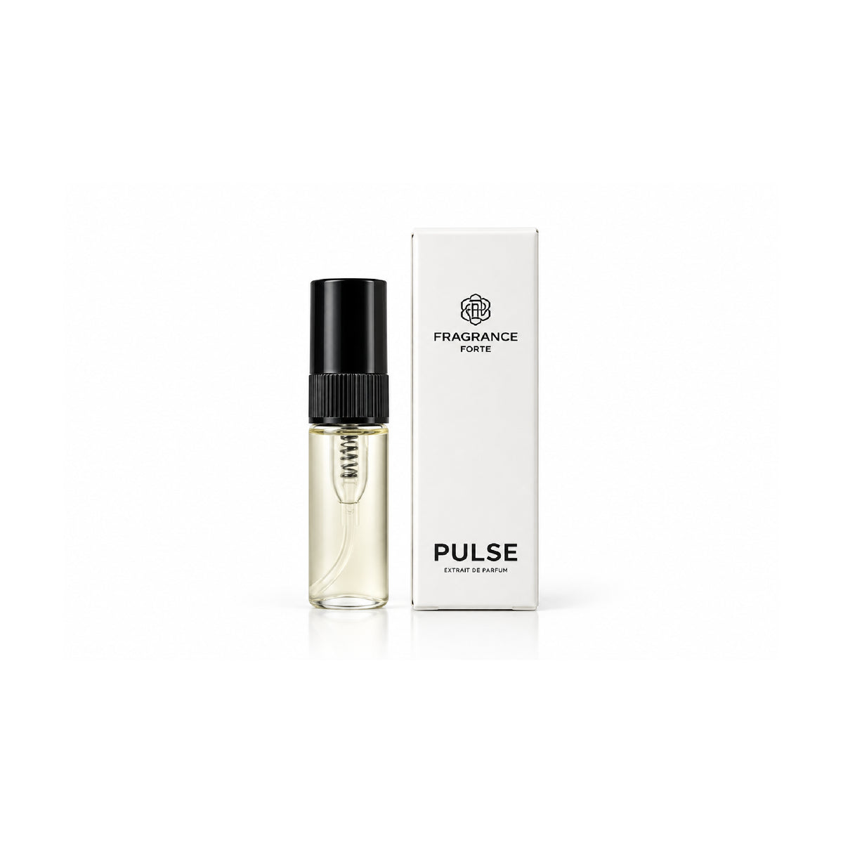 Pulse extrait de parfum sample vial with black cap next to its minimalist white branded box on a white background.