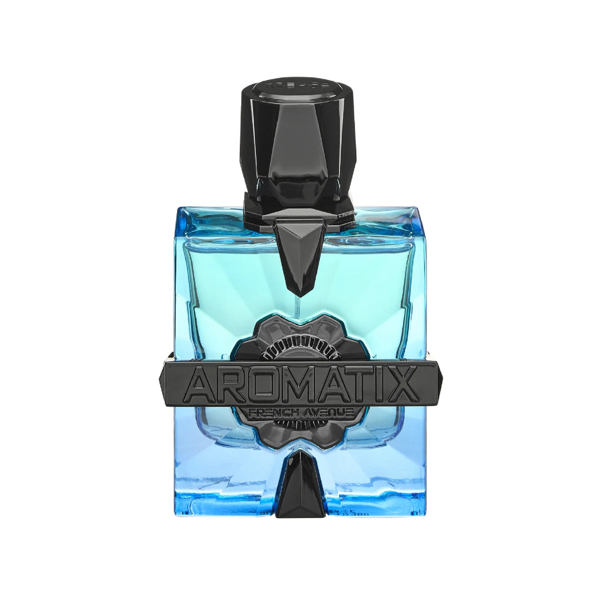 Aromatix Magnetiq 100ml perfume bottle in translucent blue glass with a bold black geometric cap and logo plaque.