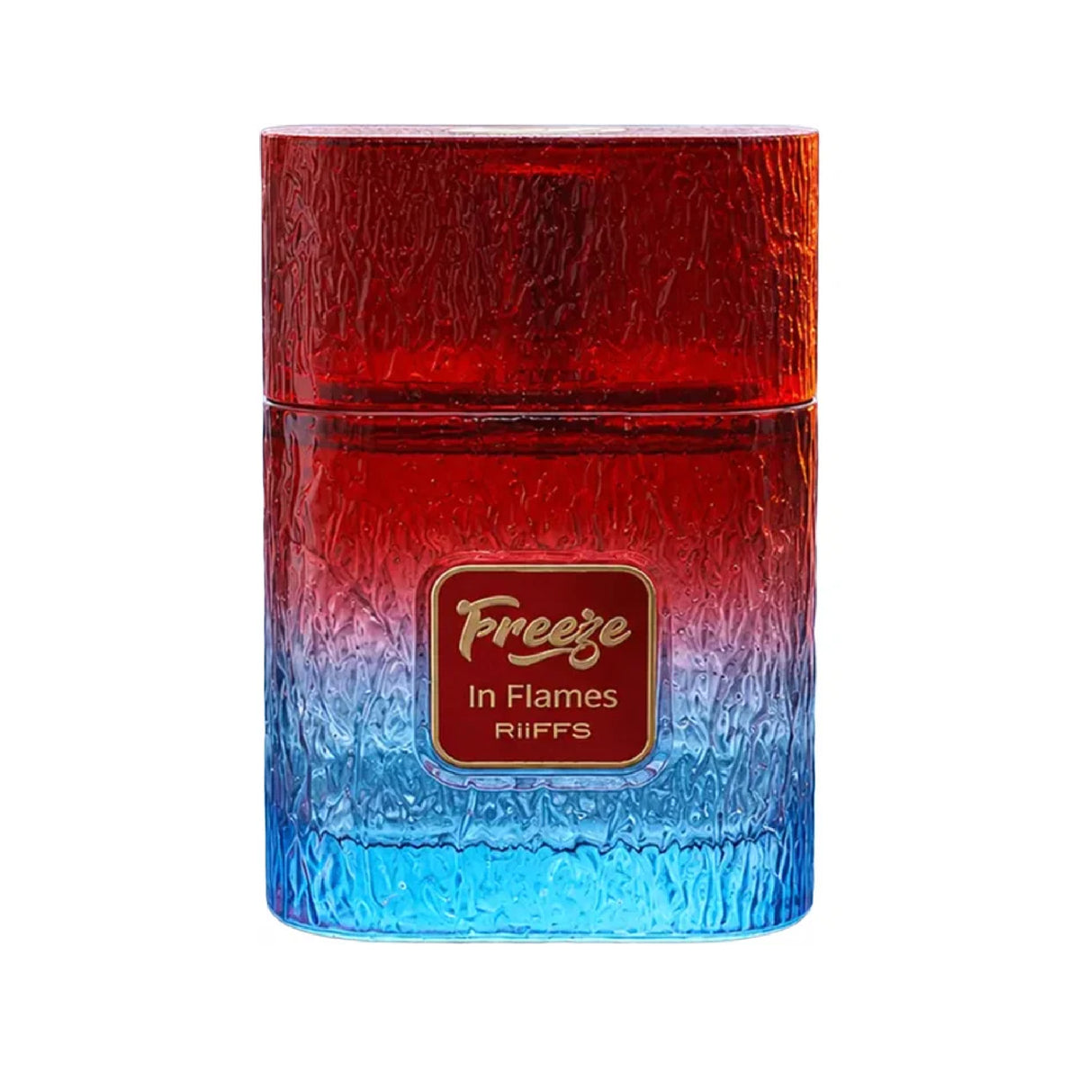 Riiffs Freeze in Flames 100ml perfume bottle with a textured red-to-blue gradient glass design and gold logo label.
