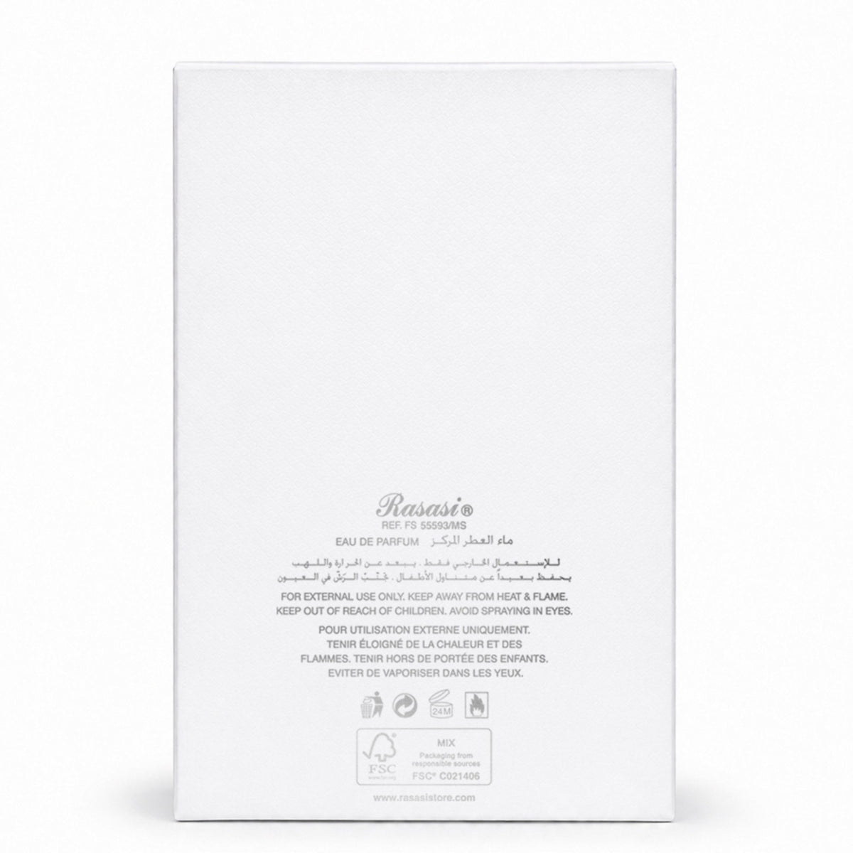 Back of white Hawas Sapphire perfume box with Rasasi branding, product information, and safety icons in a clean, minimalist design.