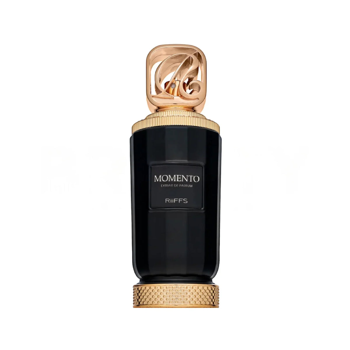 Riiffs Momento 100ml perfume in a sleek black bottle with an ornate gold cap and textured gold base.