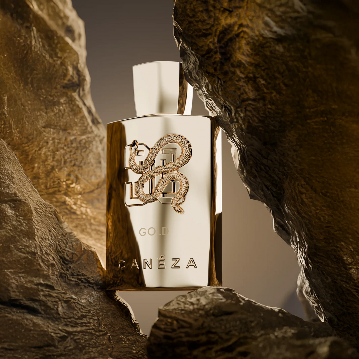 Caneza perfume bottle between two rocky formations