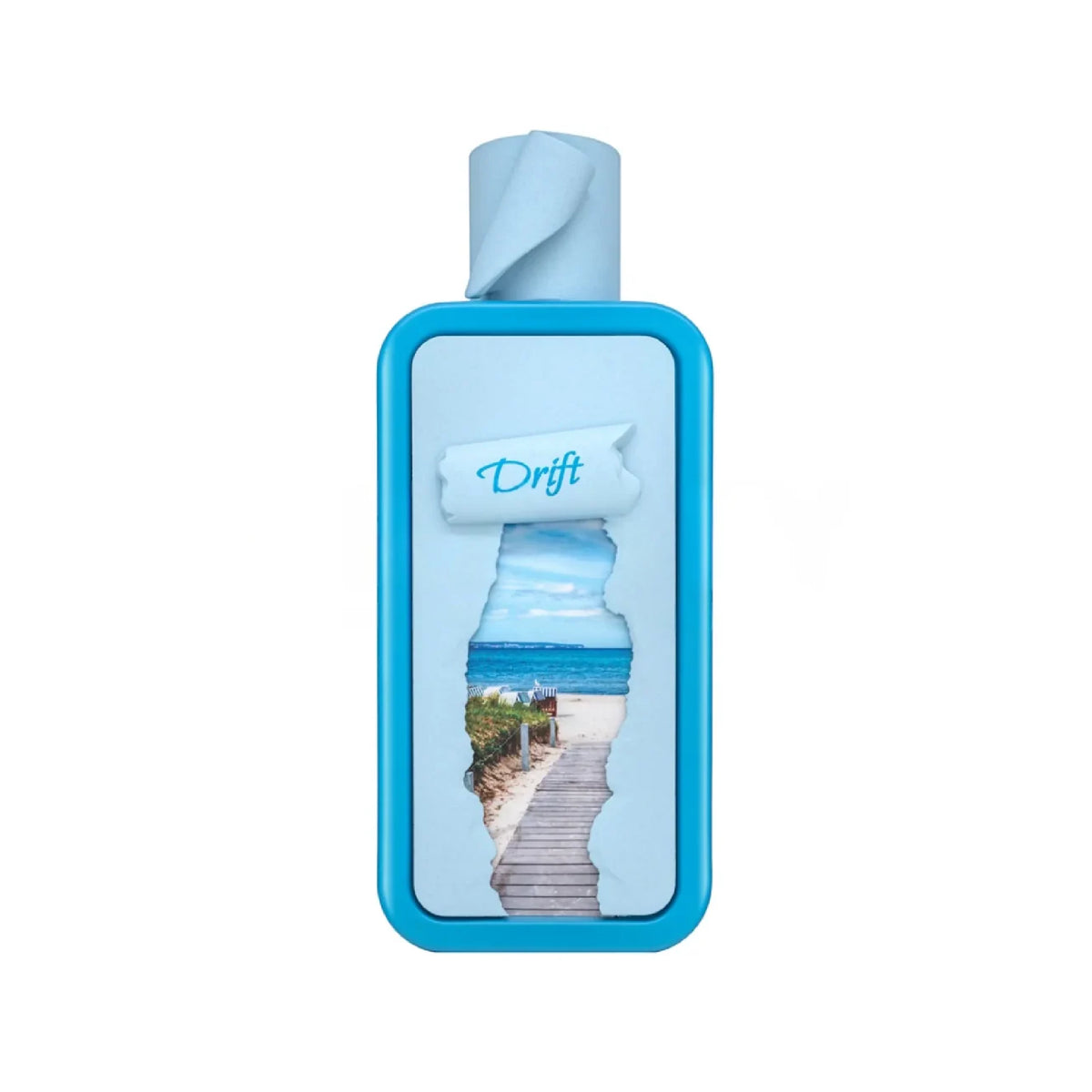 Riiffs Seasons Drift 100ml perfume bottle in light blue with a beach scene cutout and Drift label on a white background.