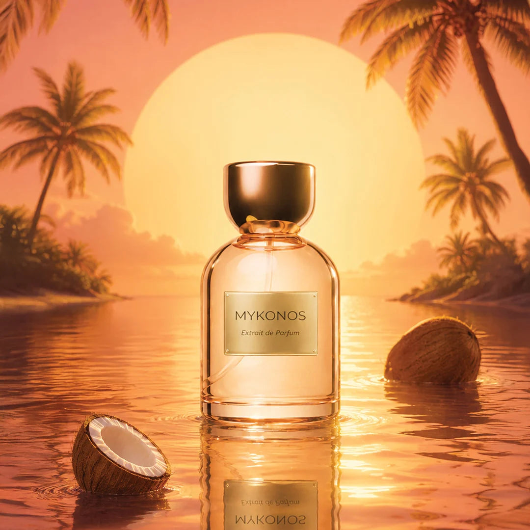 Perfume bottle labeled 'Mykonos' with coconut and palm trees in the background