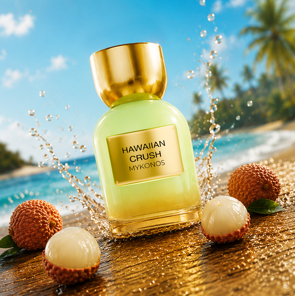 A perfume bottle labeled 'HAWAIIAN CRUSH NYKONOS' sits on a tropical beach with palm trees, ocean water, and fruit around it. The bottle is pale yellow-green with a shiny gold cap and gold label text, and the scene is brightly lit with a blue sky background.
